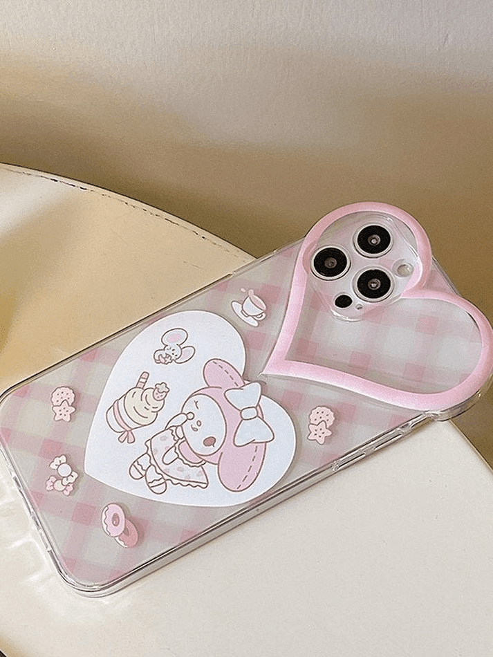 Heart Decor Cartoon Checkered Pattern Iphone Case - AnotherChill
