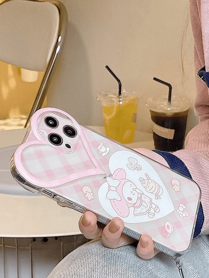 Heart Decor Cartoon Checkered Pattern Iphone Case - AnotherChill