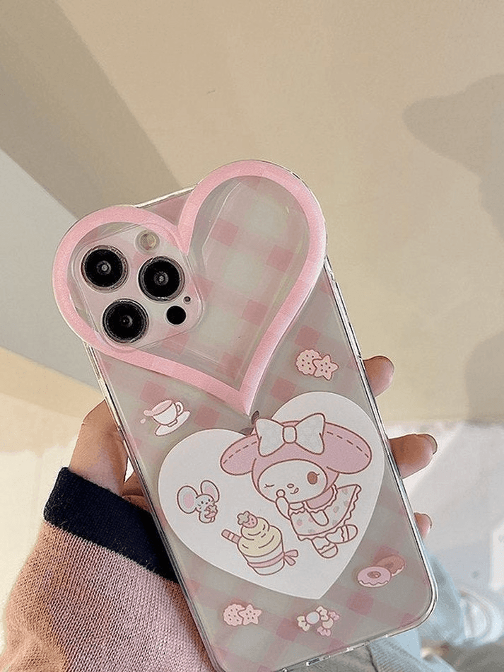 Heart Decor Cartoon Checkered Pattern Iphone Case - AnotherChill