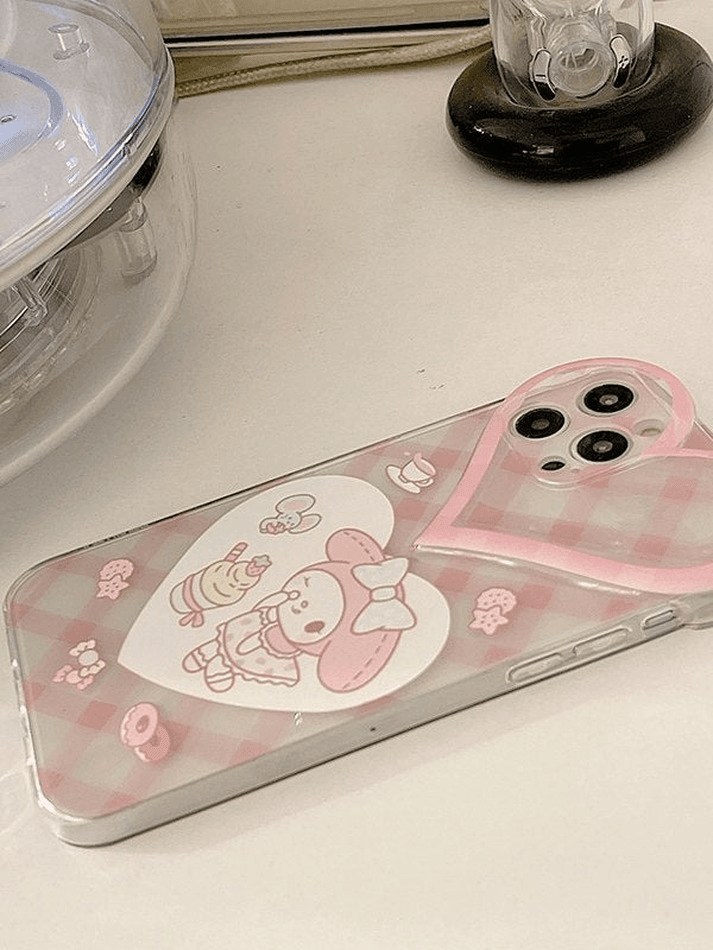 Heart Decor Cartoon Checkered Pattern Iphone Case - AnotherChill