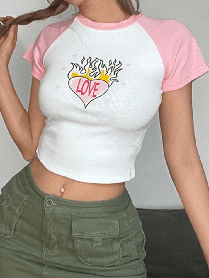Heart Print Raglan Short Sleeve Tee - AnotherChill