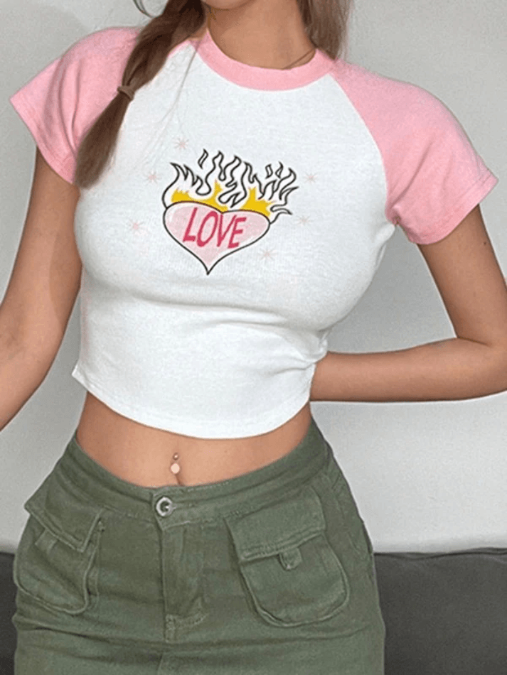 Heart Print Raglan Short Sleeve Tee - AnotherChill