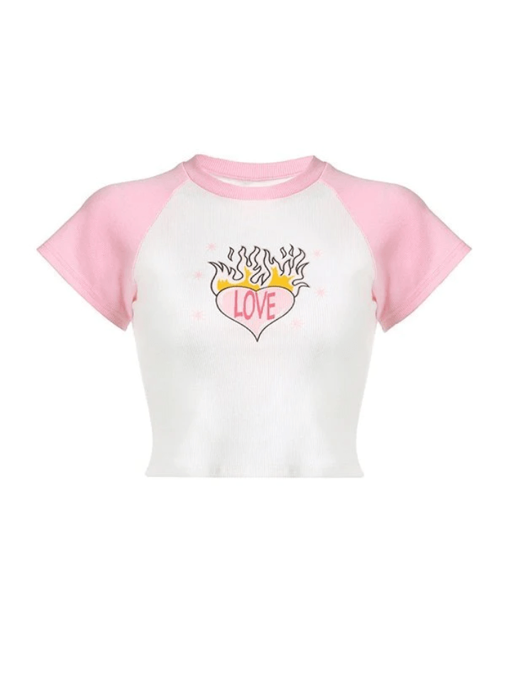 Heart Print Raglan Short Sleeve Tee - AnotherChill