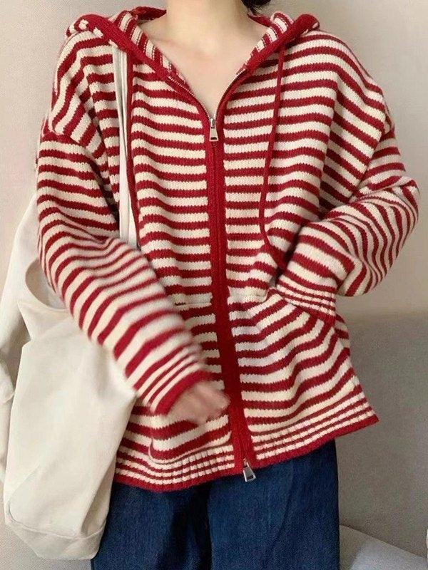 Hooded Striped Long Sleeve Knit Cardigan - AnotherChill