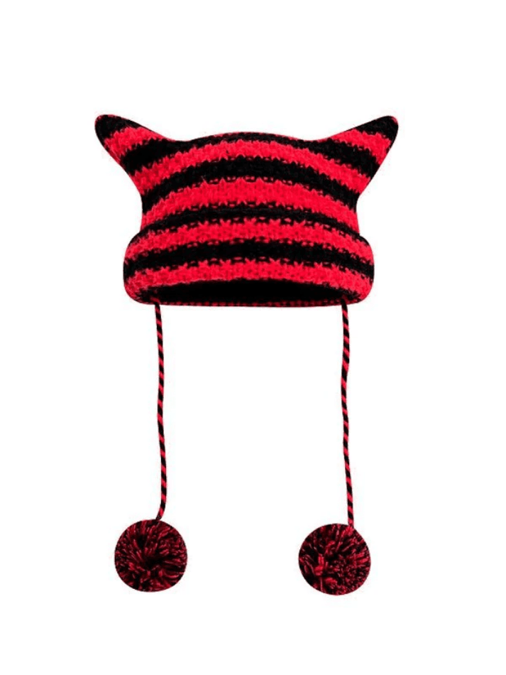 Horn Detail Striped Knitted Hat - AnotherChill