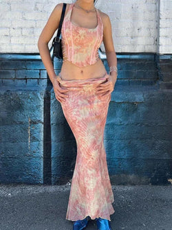 Irregular Print Cutout Corset Mermaid Hem Two Piece - AnotherChill