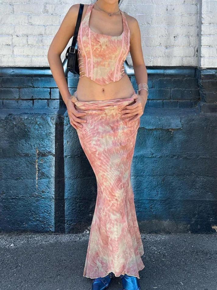 Irregular Print Cutout Corset Mermaid Hem Two Piece - AnotherChill