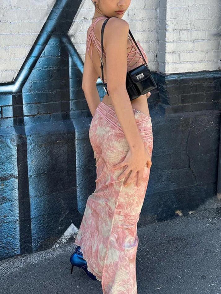 Irregular Print Cutout Corset Mermaid Hem Two Piece - AnotherChill