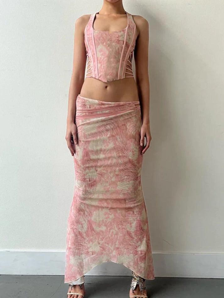 Irregular Print Cutout Corset Mermaid Hem Two Piece - AnotherChill