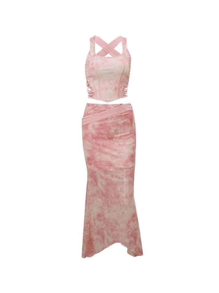 Irregular Print Cutout Corset Mermaid Hem Two Piece - AnotherChill