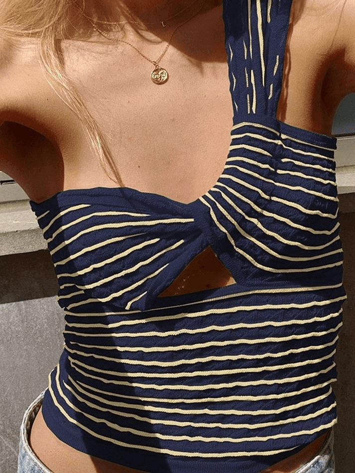 Knitted Stripe One Shoulder Tank Top - AnotherChill