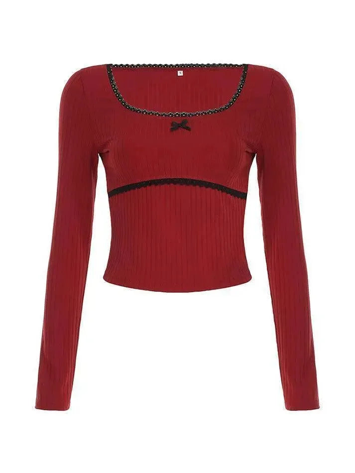 Lace Bow Striped Contrast Long Sleeve Top - AnotherChill