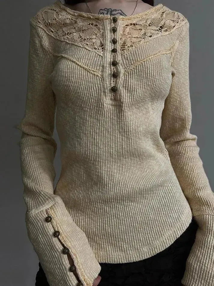 Lace Button-Up Crew Neck Long Sleeve Top - AnotherChill