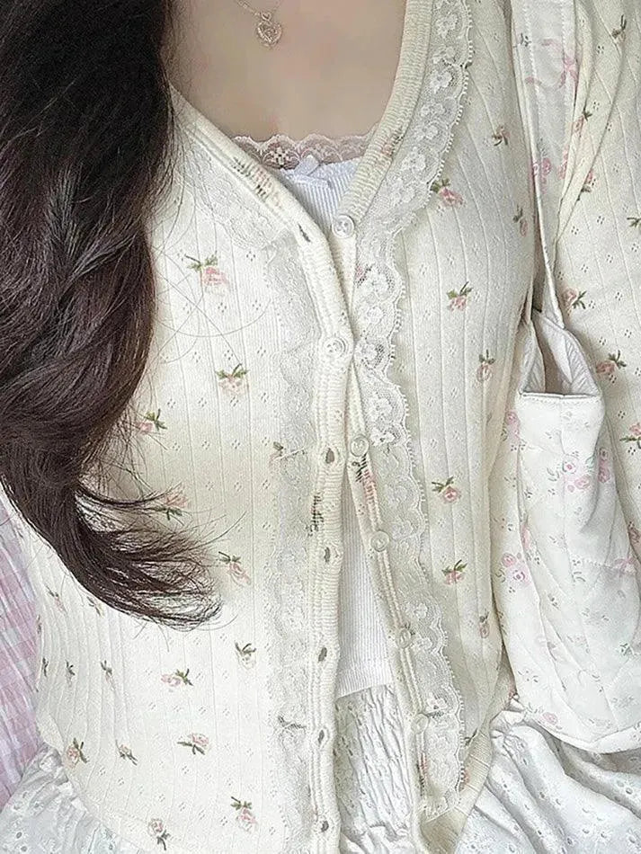 Lace Button-Up Fitted Long Sleeve Cardigan - AnotherChill