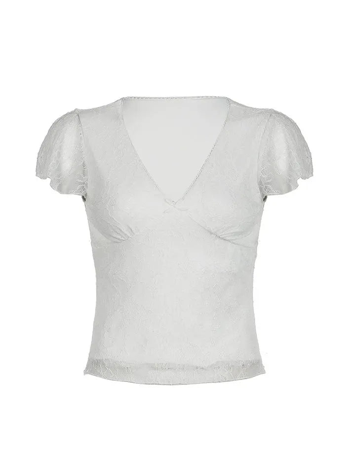 Lace Double-Layer V-Neck Flutter Sleeve Top - AnotherChill