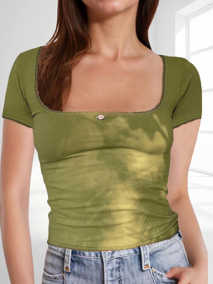 Lace Edge U Neck Short Sleeve Tee - AnotherChill