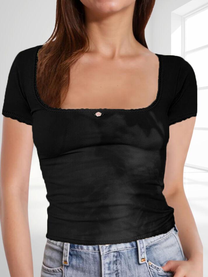 Lace Edge U Neck Short Sleeve Tee - AnotherChill