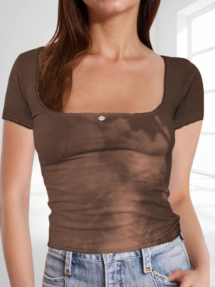 Lace Edge U Neck Short Sleeve Tee - AnotherChill