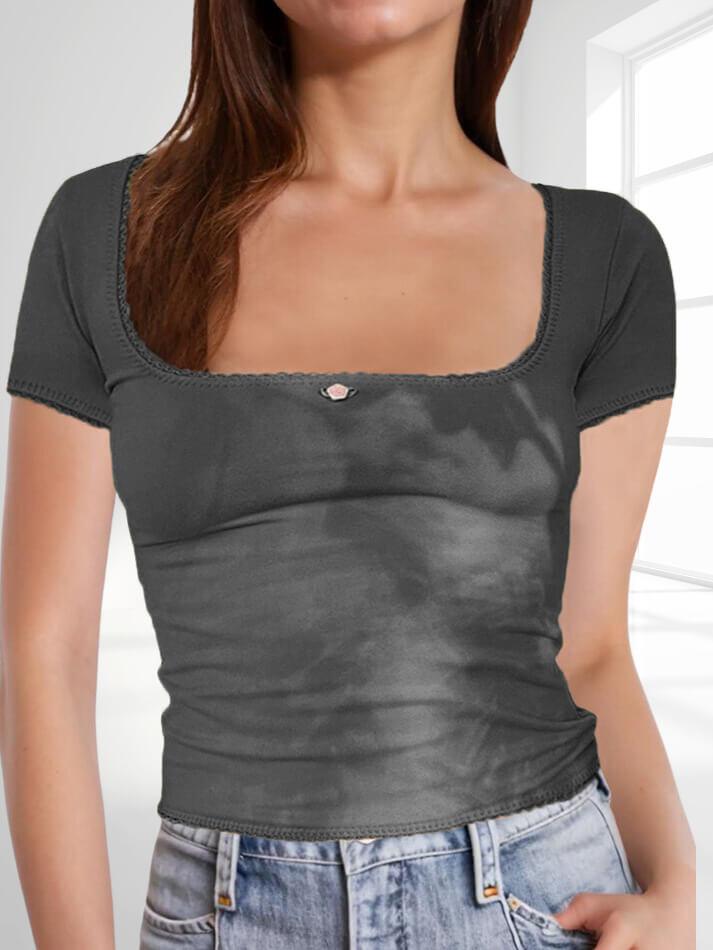 Lace Edge U Neck Short Sleeve Tee - AnotherChill