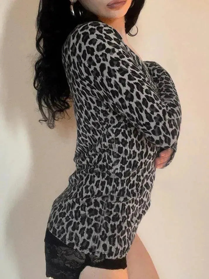 Lace Leopard Print V-Neck Fitted Long Sleeve Top - AnotherChill