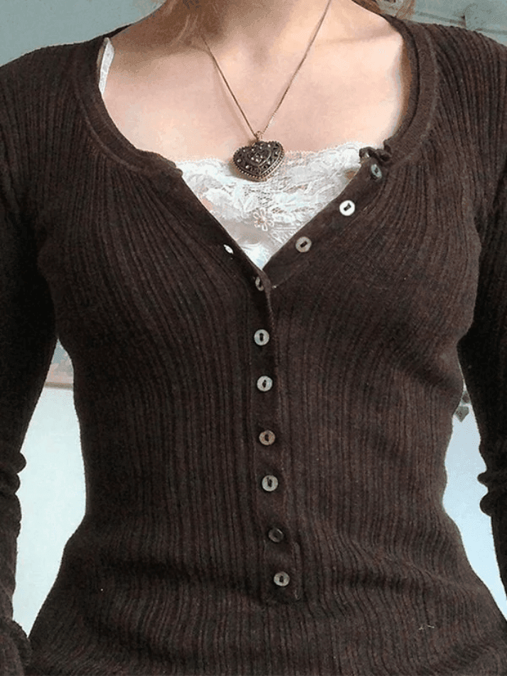 Lace Paneled Button Long Sleeve Knit Top - AnotherChill