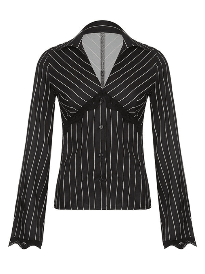Lace Paneled Long Sleeve Striped Blouse - AnotherChill