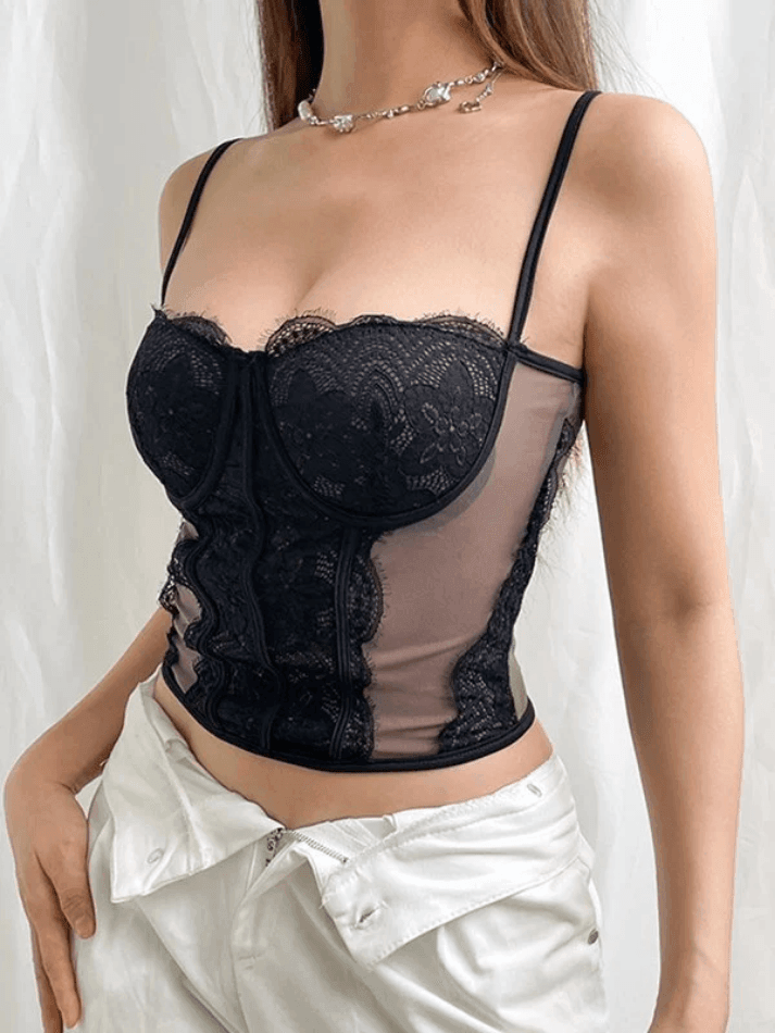 Lace Paneled Mesh Corset Top - AnotherChill
