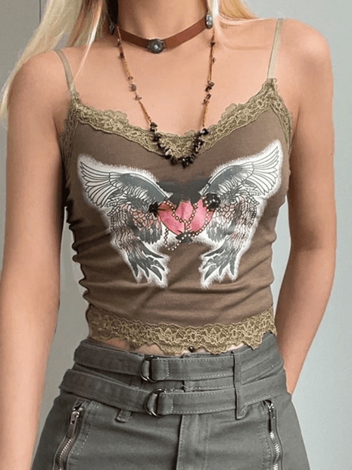 Lace Paneled Winged Heart Crop Cami Top - AnotherChill