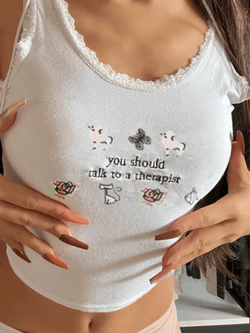Lace Patch Embroidery Cropped Tank Top - AnotherChill
