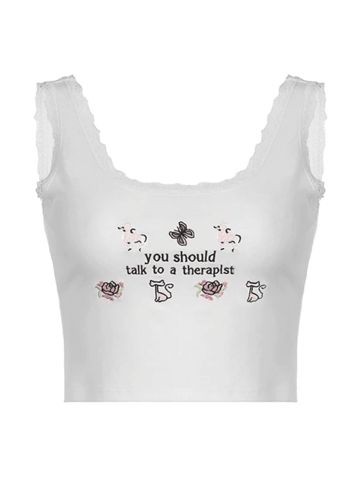 Lace Patch Embroidery Cropped Tank Top - AnotherChill