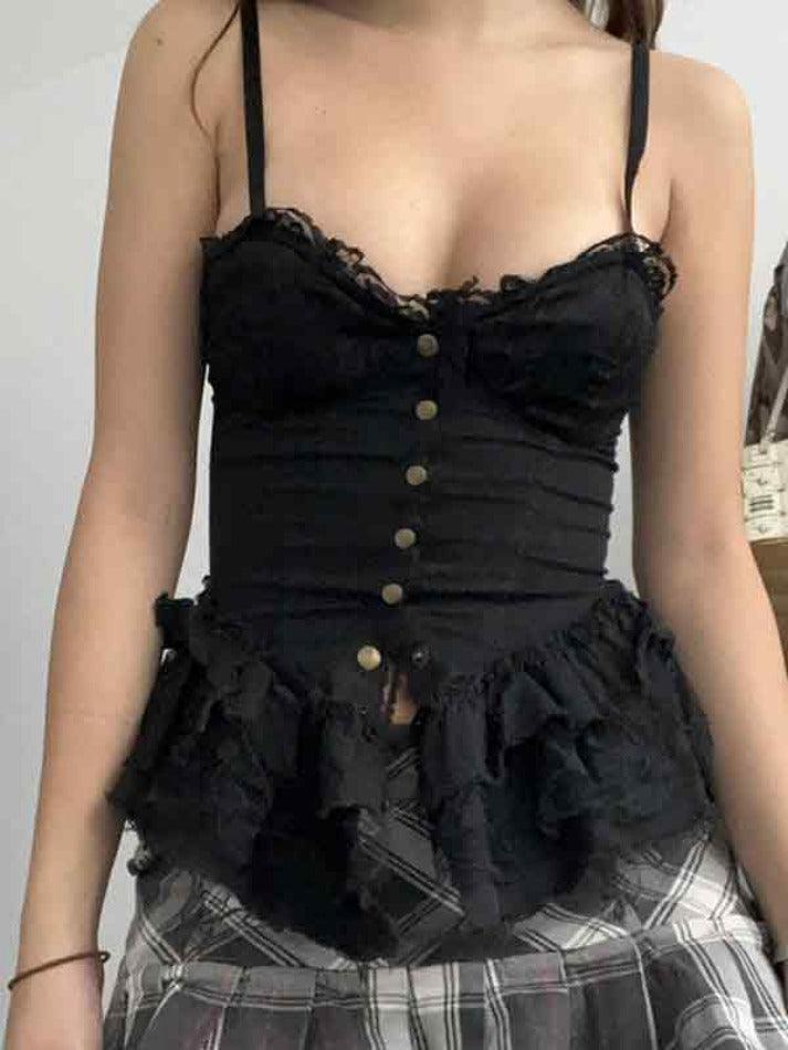 Lace Patchwork Metal Button Decor Tie Up Cami Top - AnotherChill