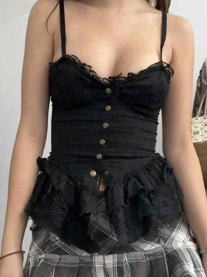 Lace Patchwork Metal Button Decor Tie Up Cami Top - AnotherChill