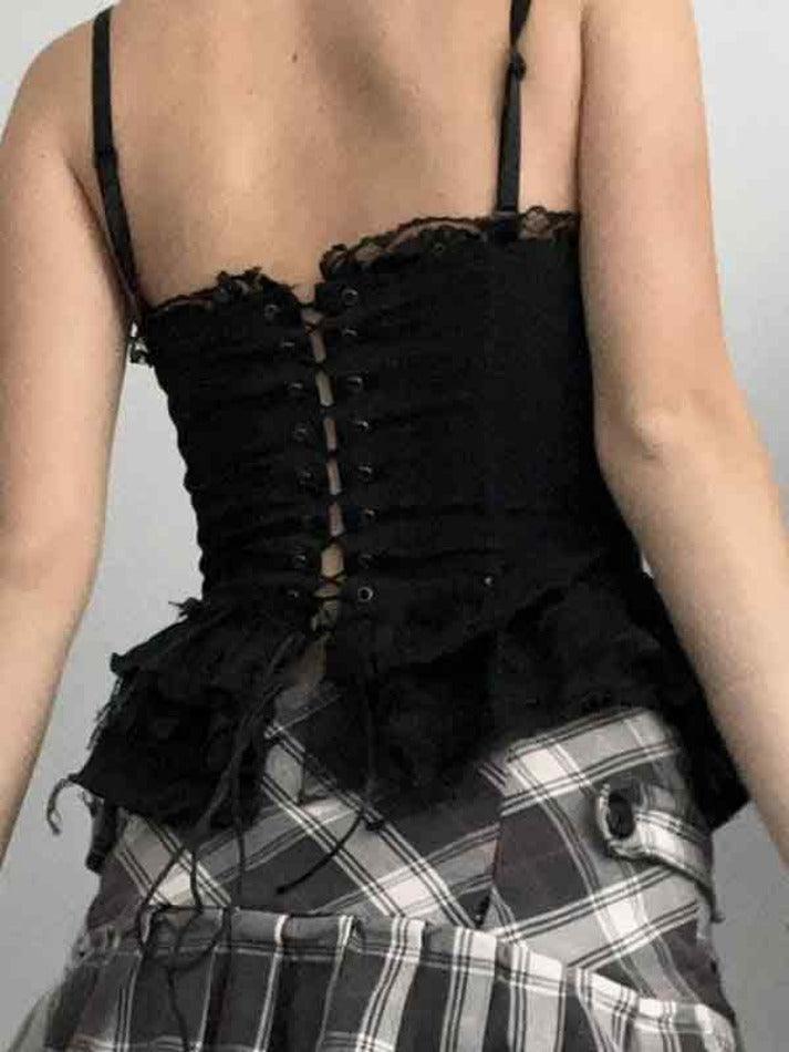 Lace Patchwork Metal Button Decor Tie Up Cami Top - AnotherChill