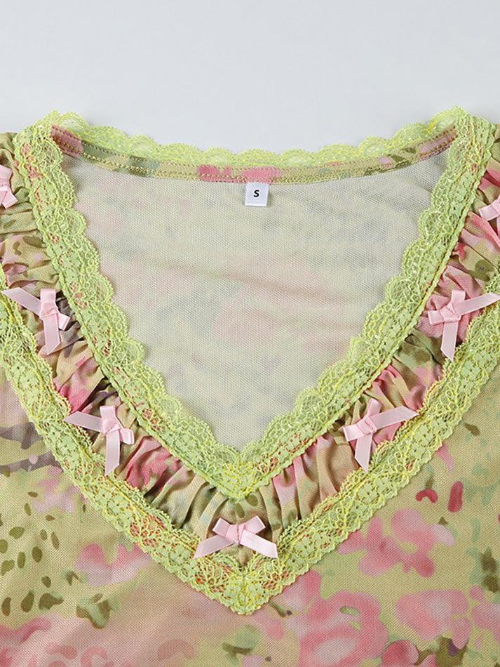 Lace Ruffle Bow Mesh Layered Tee - AnotherChill