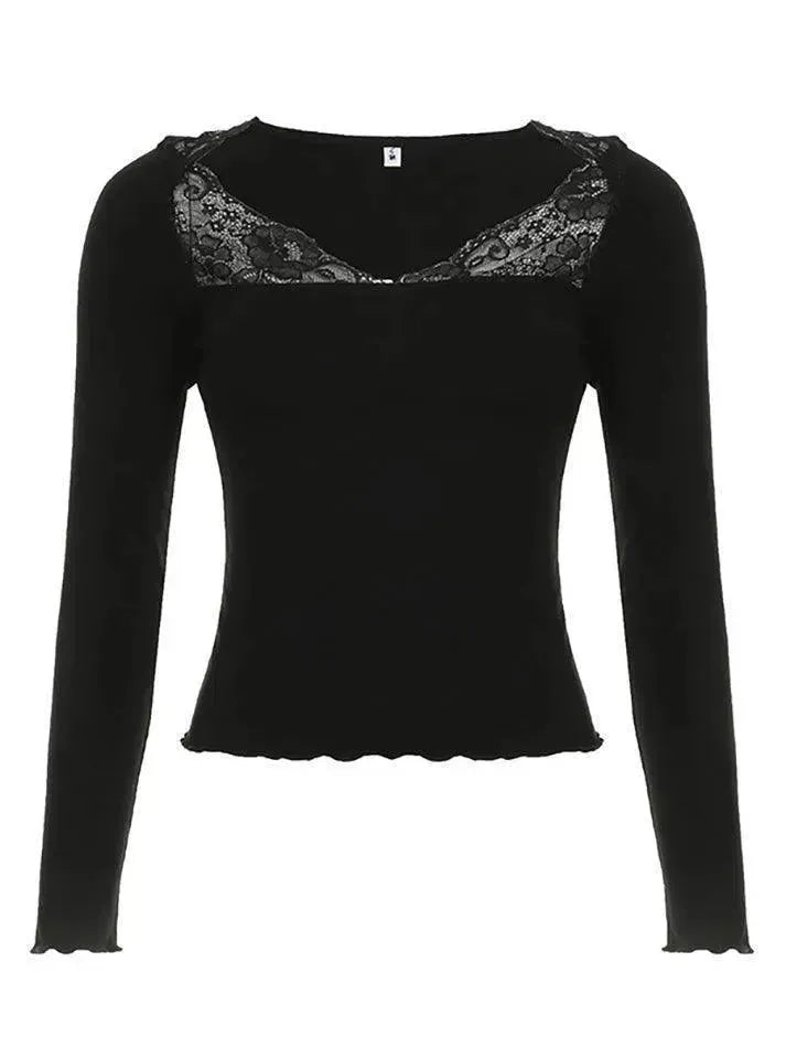 Lace Square Neck Ruffle Trim Long Sleeve Top - AnotherChill