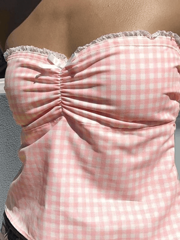 Lace Stitching Plaid Bandeau Top - AnotherChill