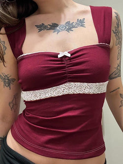 Lace Trim Bow Contrast Tank Top - AnotherChill