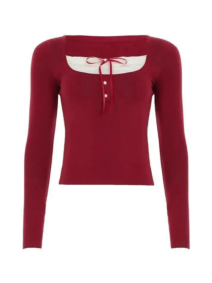 Lace Trim Bow Faux Two-Piece Top - AnotherChill