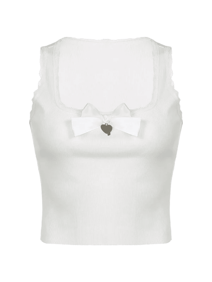 Lace Trim Bow White Tank Top - AnotherChill