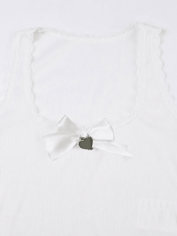 Lace Trim Bow White Tank Top - AnotherChill