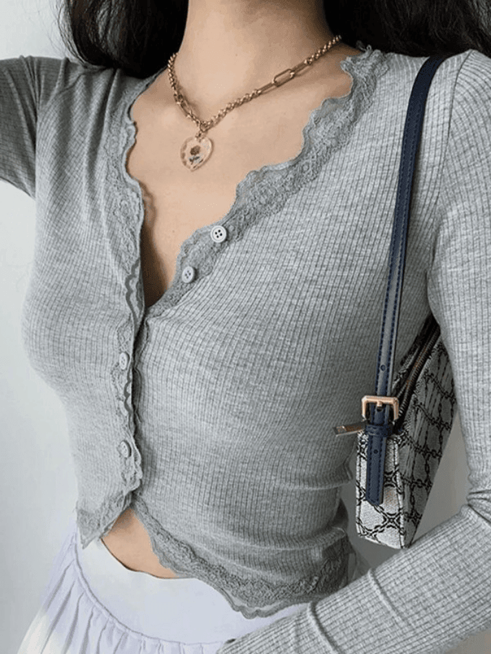 Lace Trim Button Front Knit Crop Top - AnotherChill