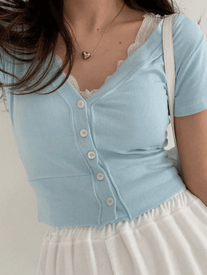 Lace Trim Button Up Ribbed Crop Top - AnotherChill