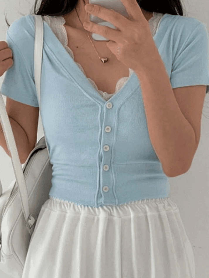 Lace Trim Button Up Ribbed Crop Top - AnotherChill