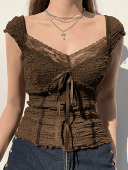 Lace Trim Crinkle Cropped Blouse - AnotherChill