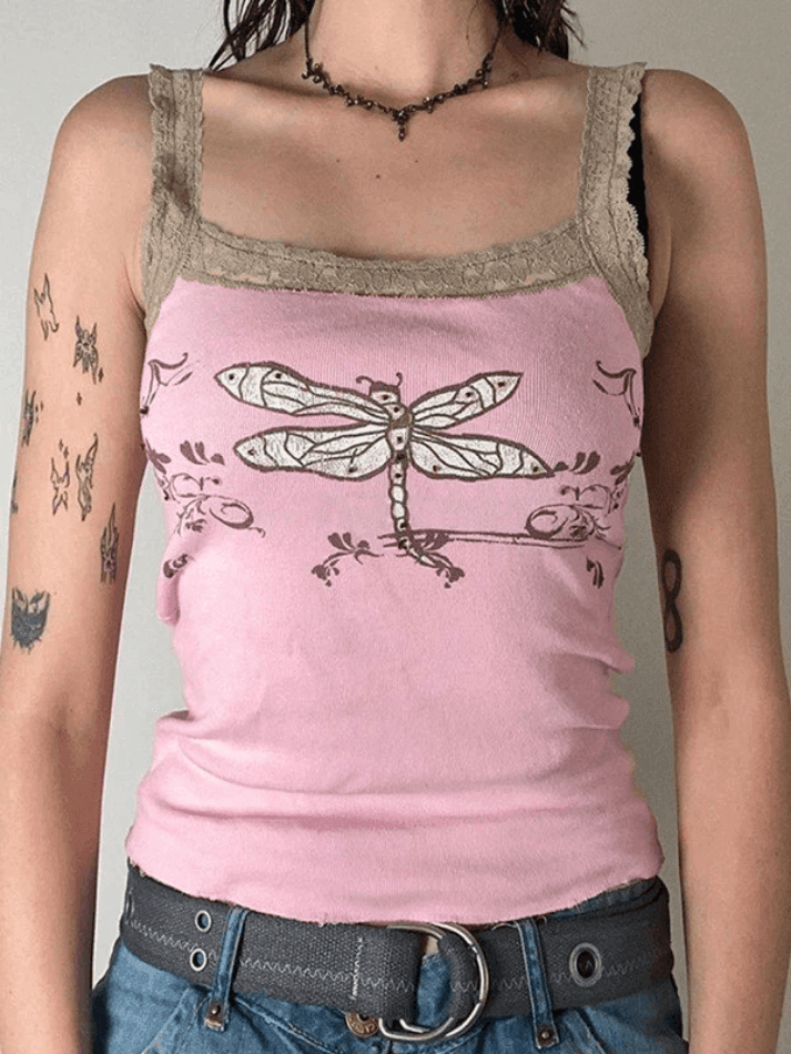 Lace Trim Printed Ribbed Crop Cami Top - AnotherChill