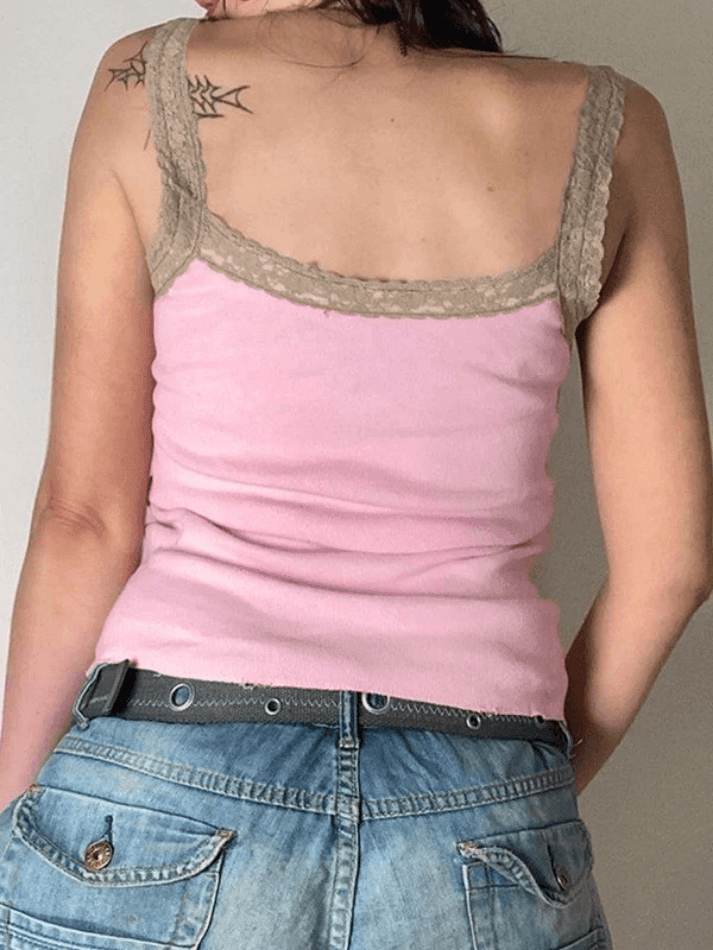 Lace Trim Printed Ribbed Crop Cami Top - AnotherChill