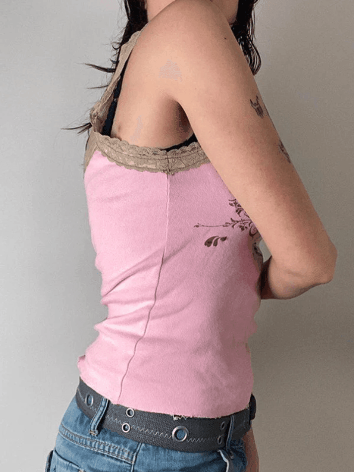 Lace Trim Printed Ribbed Crop Cami Top - AnotherChill