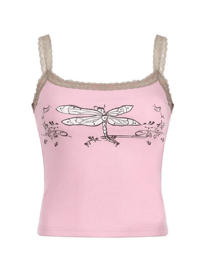 Lace Trim Printed Ribbed Crop Cami Top - AnotherChill