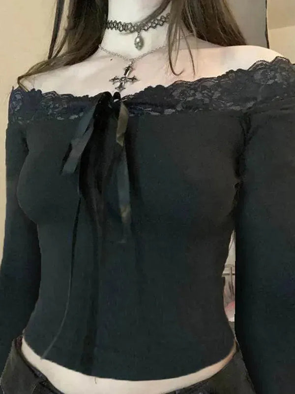Lace Trim Satin Ribbon Bow Off-Shoulder Crop Top - AnotherChill