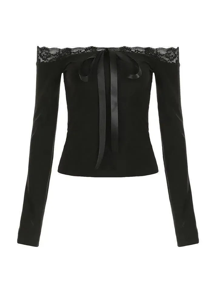 Lace Trim Satin Ribbon Bow Off-Shoulder Crop Top - AnotherChill